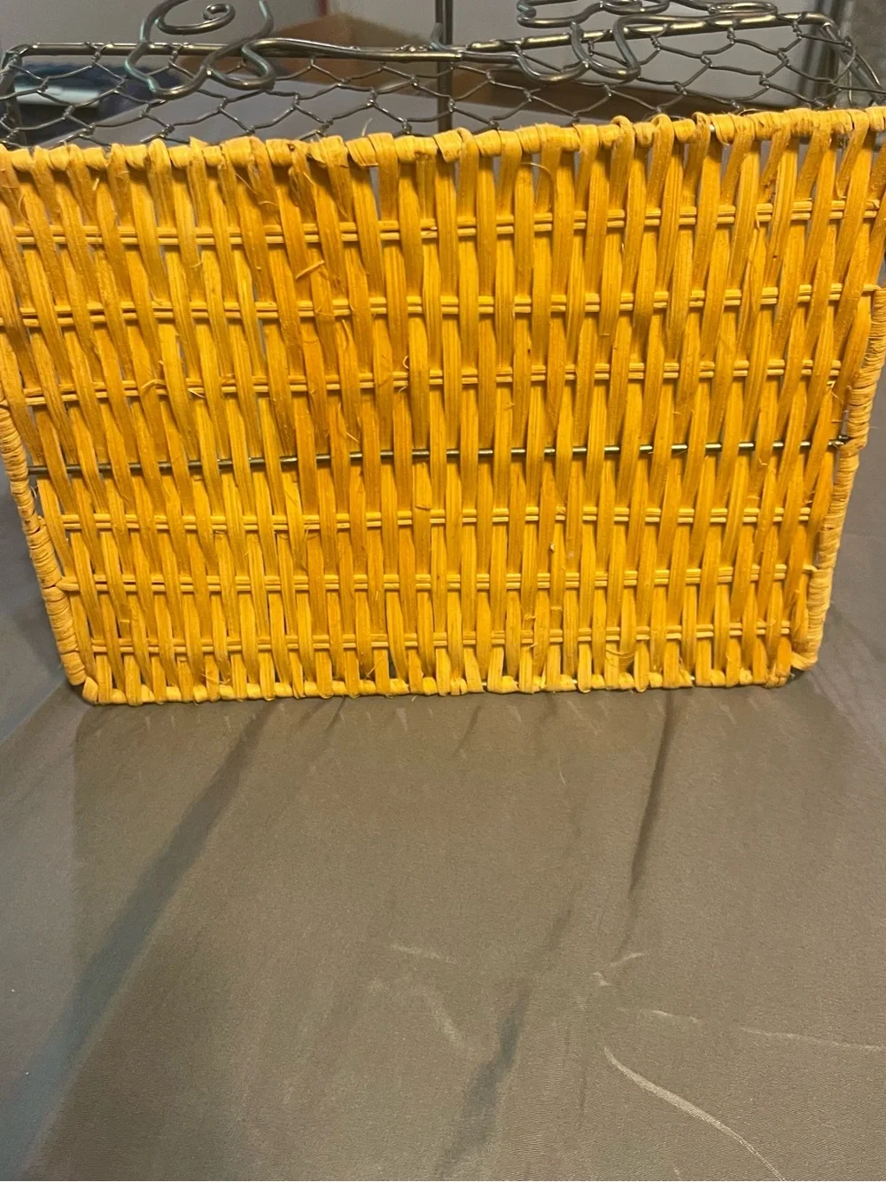 Two-Tone Wire Basket with Woven Natural Base - Gold Metal, Natural